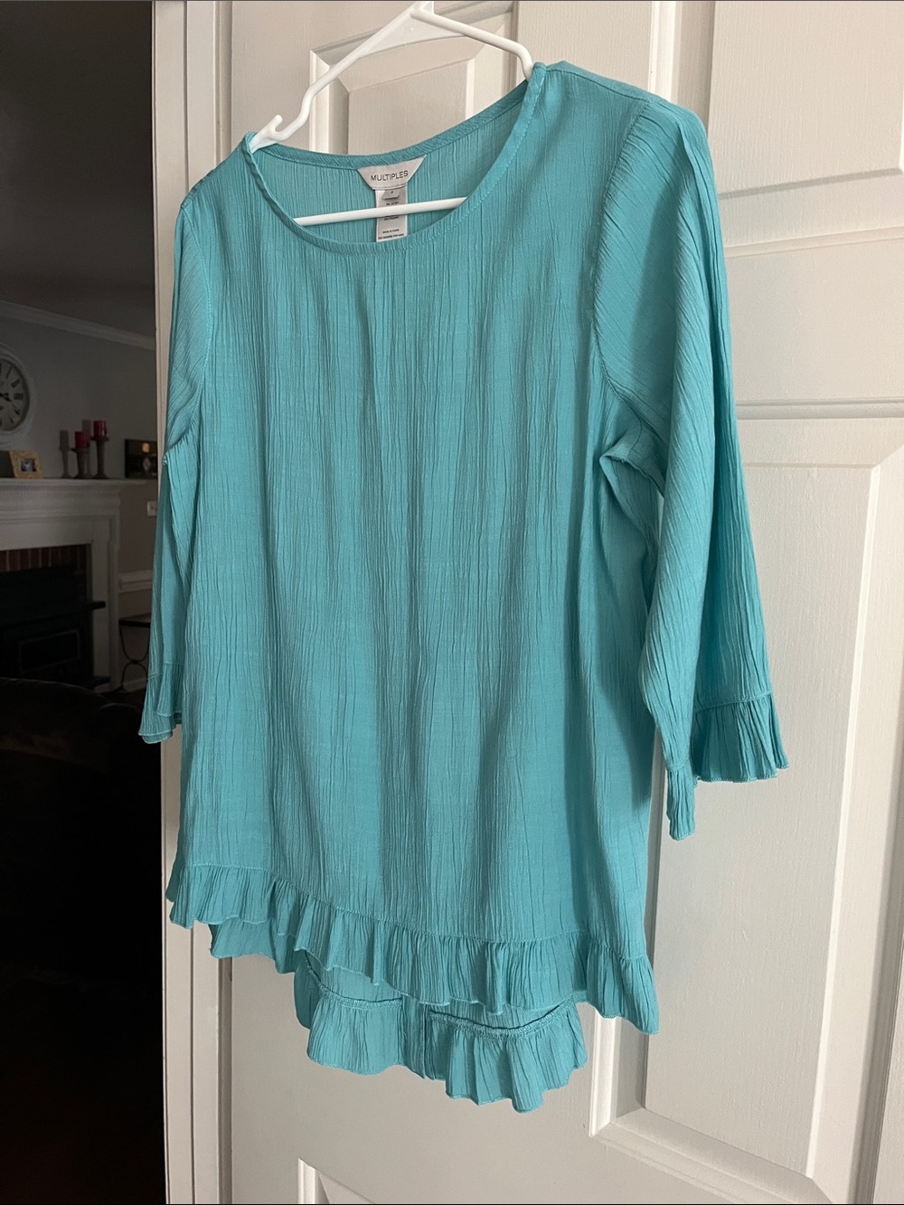 Multiples Teal Ruffle-Hem 3/4 Sleeve Tunic